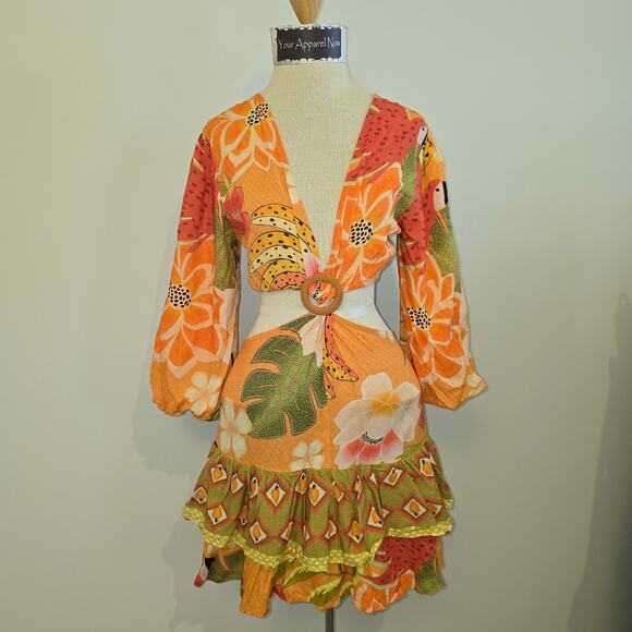 Z&L Orange Delia Boho Print Bubble 3/4 Sleeves Mini Dress Sz Small (0966) - Picture 1 of 9